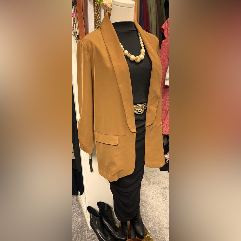 SHEIN dress L & blazer medium, faux pearl necklace & gold tone belt.